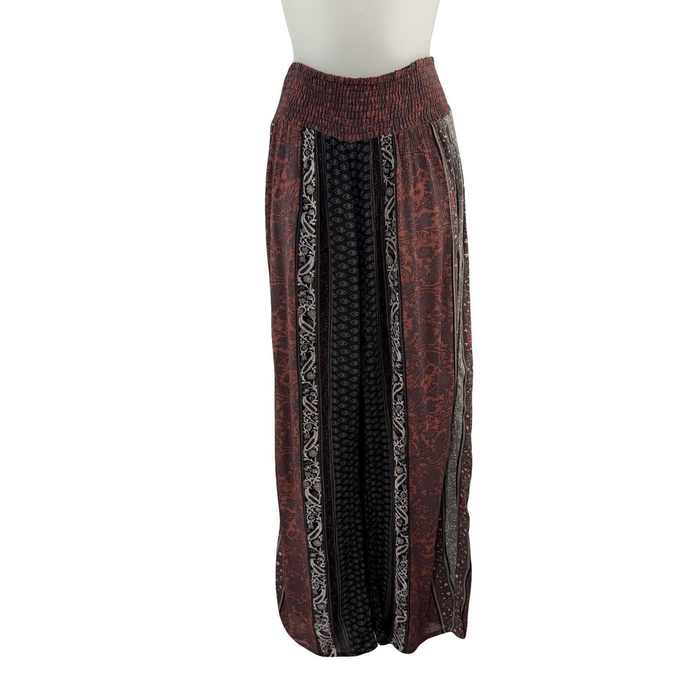 Passport Wide-Leg Boho Pants in Burgundy and Black Paisley